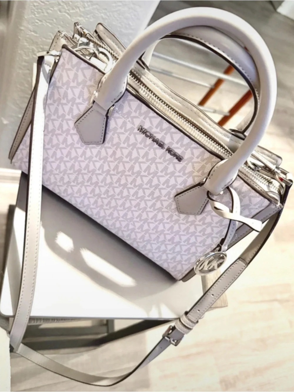 Michael Kors Beige Signature MK Tote with White Trim